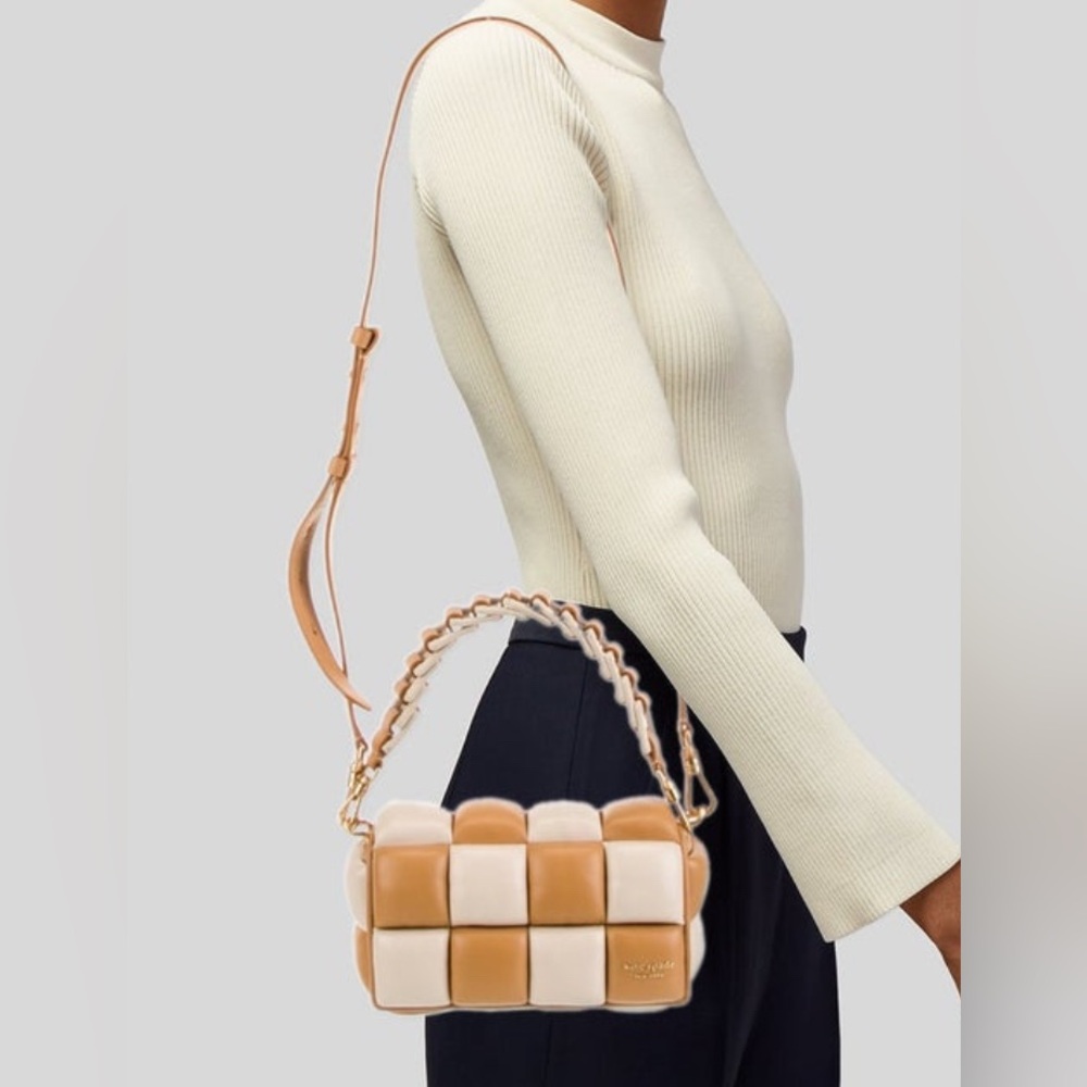 Limited Edition Kate Spade Boxxy East West Woven leather Tan Cream Bag excellent - Picture 4 of 6